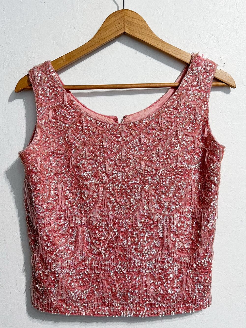VTG Forecast Sweater Tank Sz 10 Beaded Sequins Wool Rayon Fringe Pink Slvless
